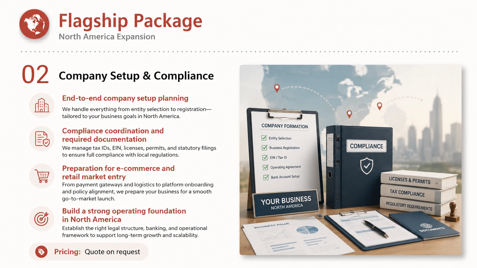Flagship Package service card, page 2: For full North America GTM, manage strategy, content, ads, retail, trade shows and executive reviews together.