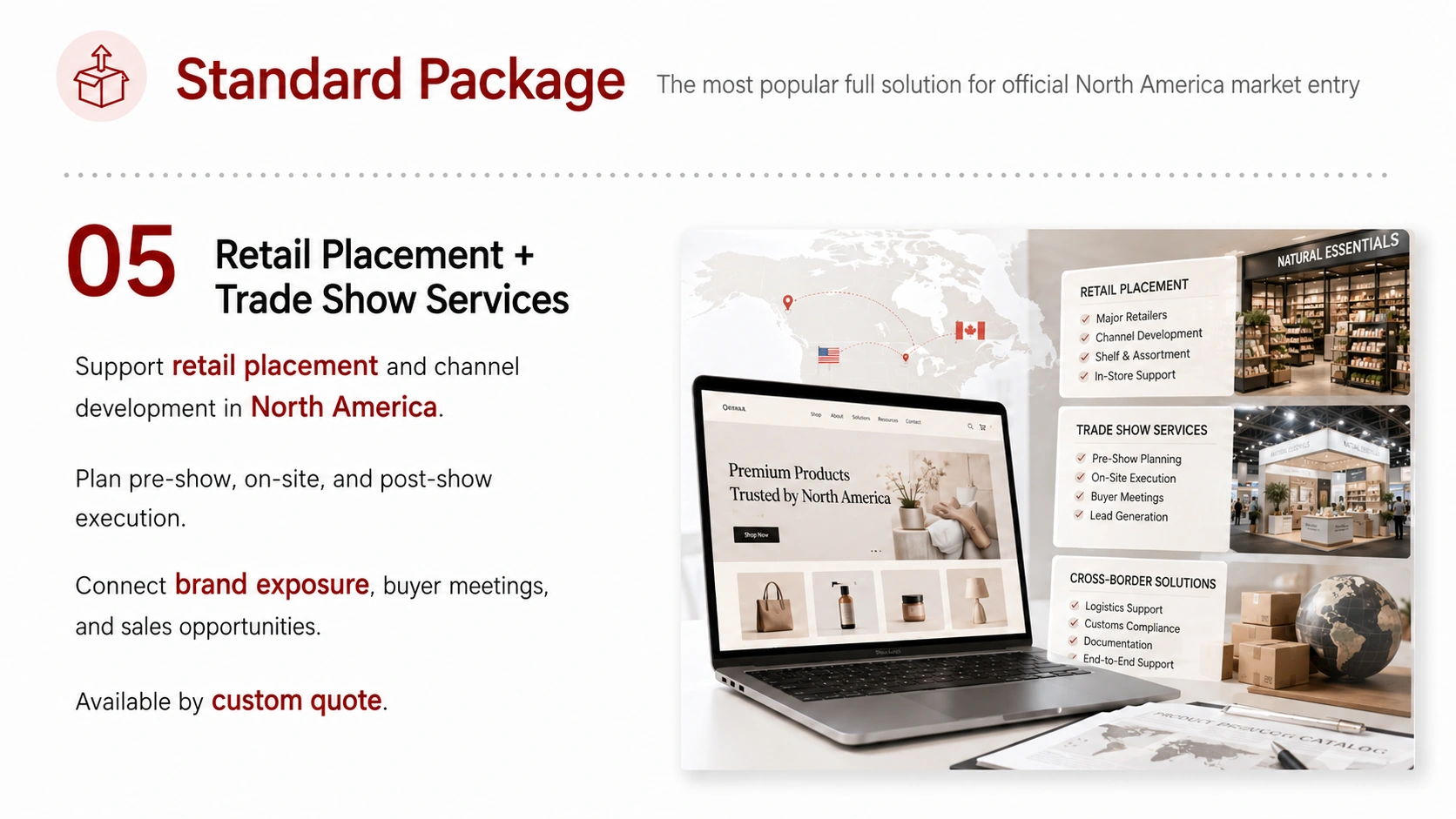 Standard Package service card, page 5: For brands preparing launch, integrate setup data, English assets, platform testing, ads, SEO and monthly reporting.