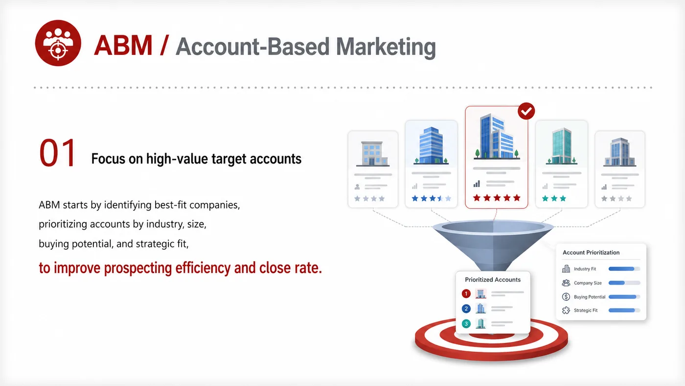 ABM Account-based Marketing service card, page 1: ABM Account-based Marketing turns English narrative, sales assets, trust content and lead tracking into business-develo...