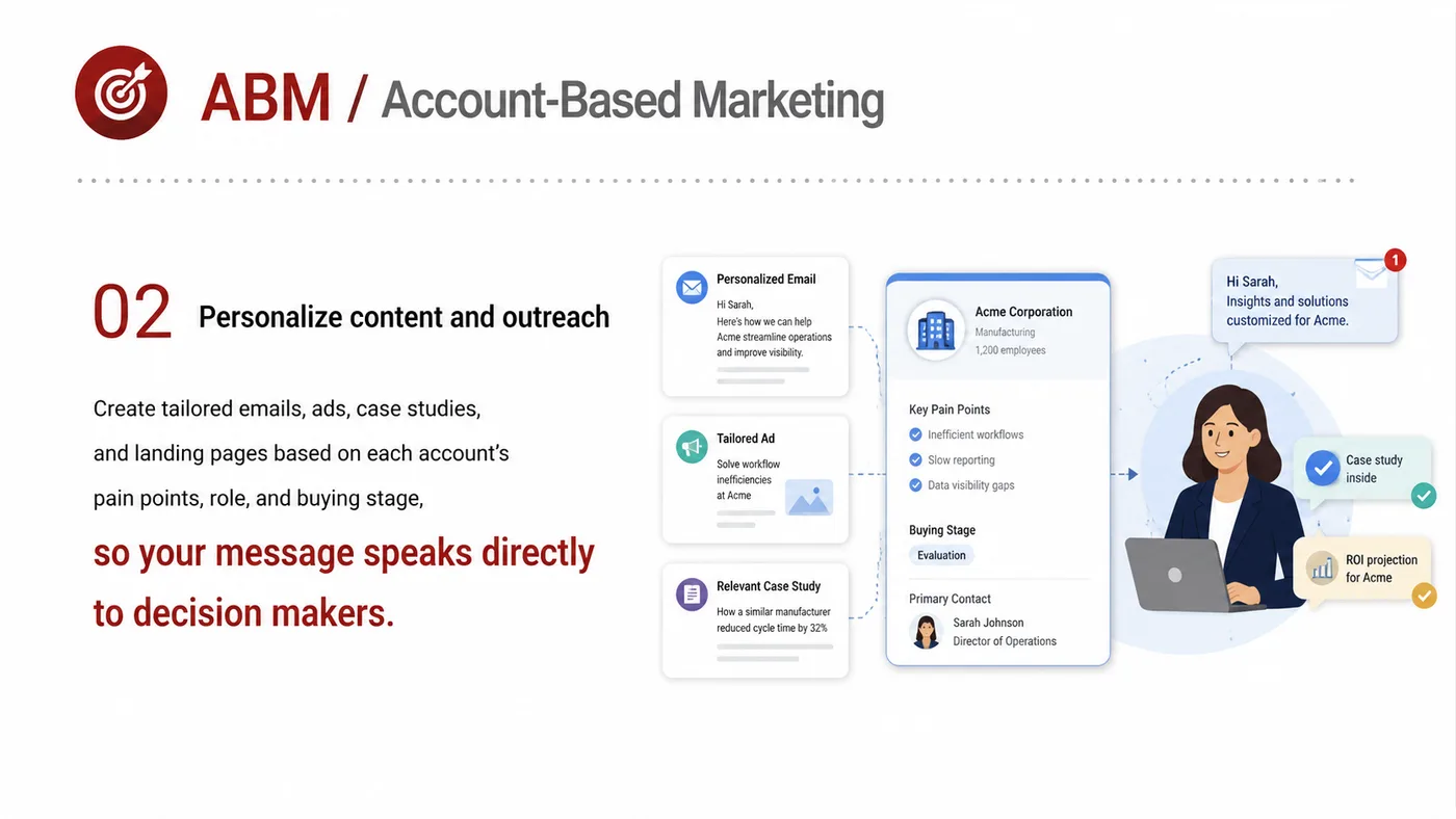 ABM Account-based Marketing service card, page 2: ABM Account-based Marketing turns English narrative, sales assets, trust content and lead tracking into business-develo...