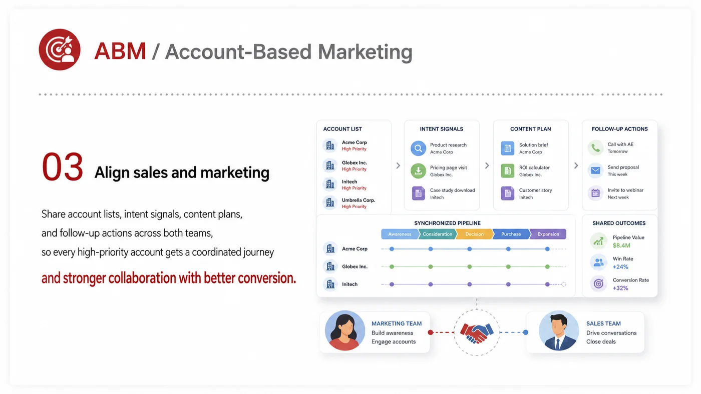 ABM Account-based Marketing service card, page 3: ABM Account-based Marketing turns English narrative, sales assets, trust content and lead tracking into business-develo...