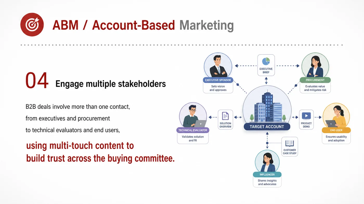 ABM Account-based Marketing service card, page 4: ABM Account-based Marketing turns English narrative, sales assets, trust content and lead tracking into business-develo...
