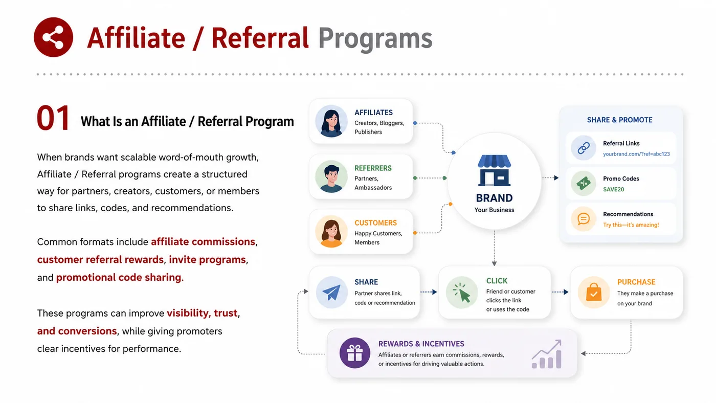 Affiliate and Referral Program service card, page 1: Affiliate and Referral Program turns English narrative, sales assets, trust content and lead tracking into business-dev...