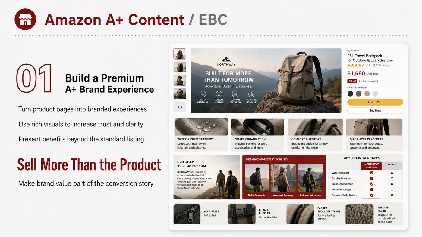 A+ Content / EBC service card, page 2: A+ Content / EBC focuses on platform setup, data preparation, listing optimization, ads, reviews and ongoing operations...
