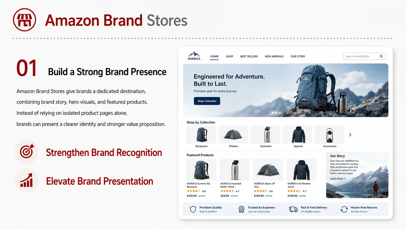 Amazon Brand Stores service card, page 2: Amazon Brand Stores focuses on platform setup, data preparation, listing optimization, ads, reviews and ongoing operati...