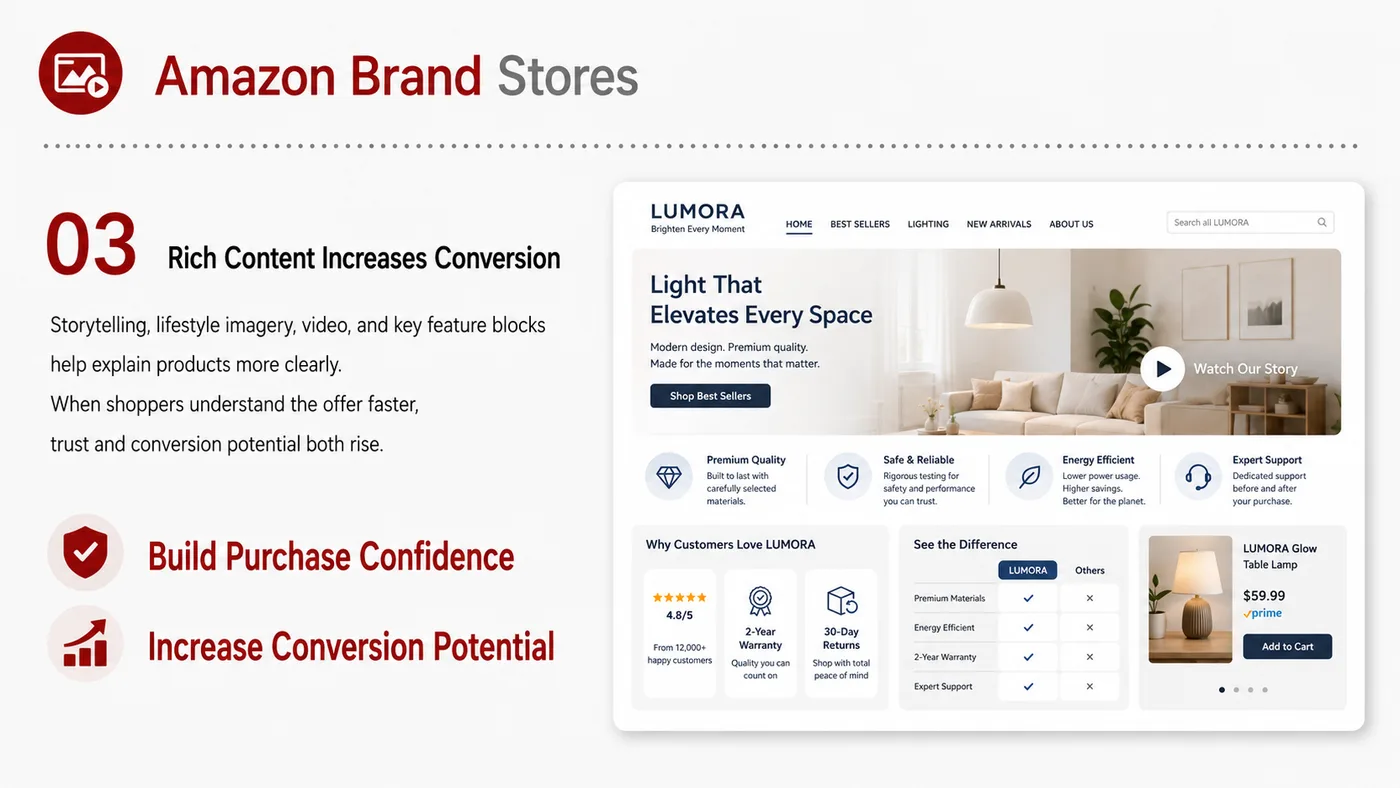 Amazon Brand Stores service card, page 4: Amazon Brand Stores focuses on platform setup, data preparation, listing optimization, ads, reviews and ongoing operati...