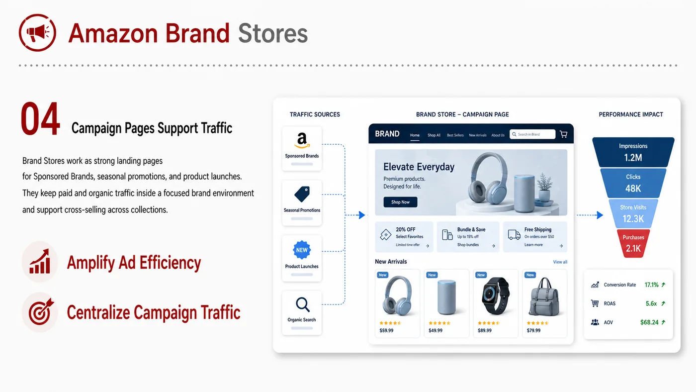 Amazon Brand Stores service card, page 5: Amazon Brand Stores focuses on platform setup, data preparation, listing optimization, ads, reviews and ongoing operati...