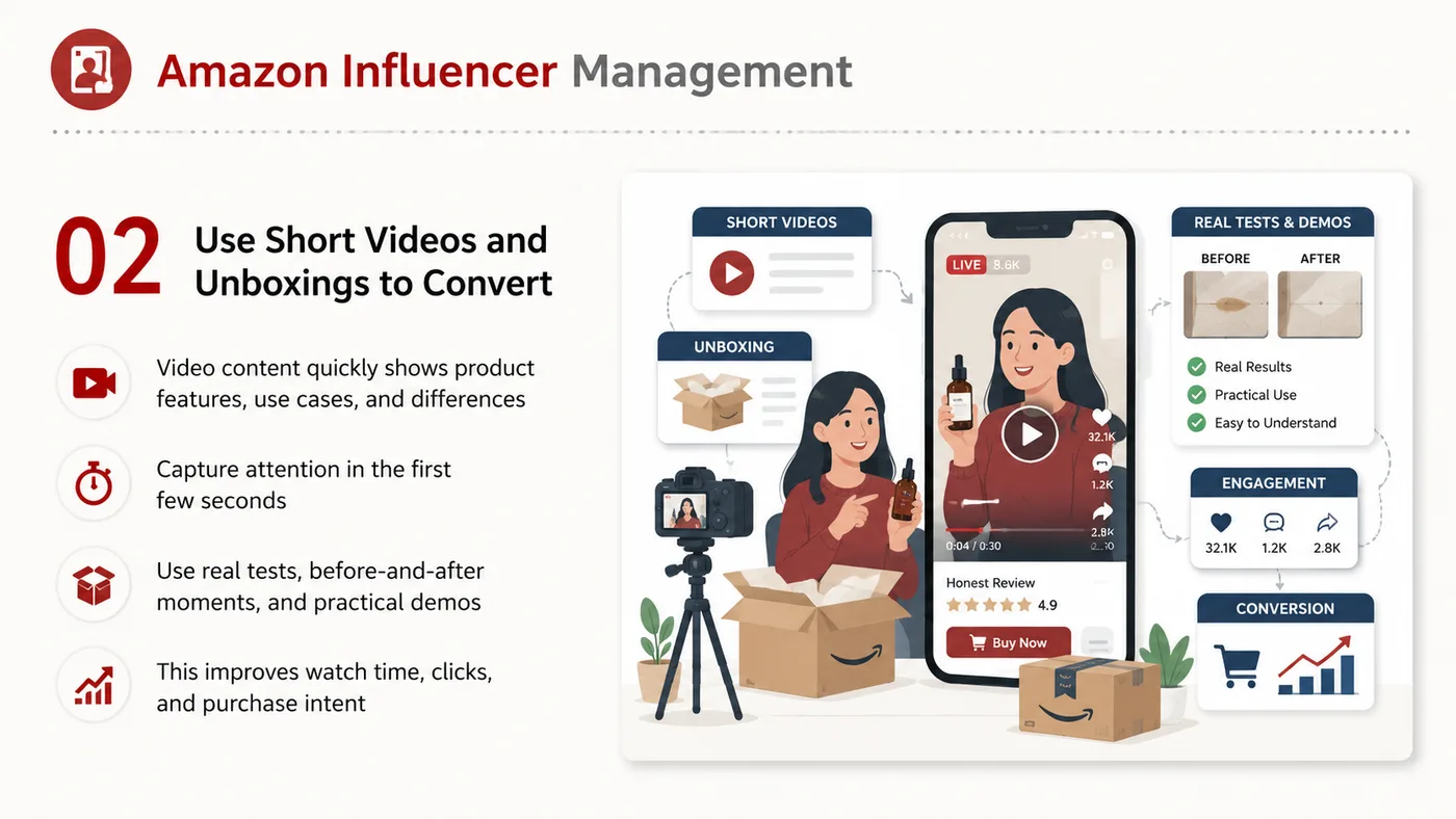 Amazon Influencer Operations service card, page 2: Amazon Influencer Operations focuses on platform setup, data preparation, listing optimization, ads, reviews and ongoin...