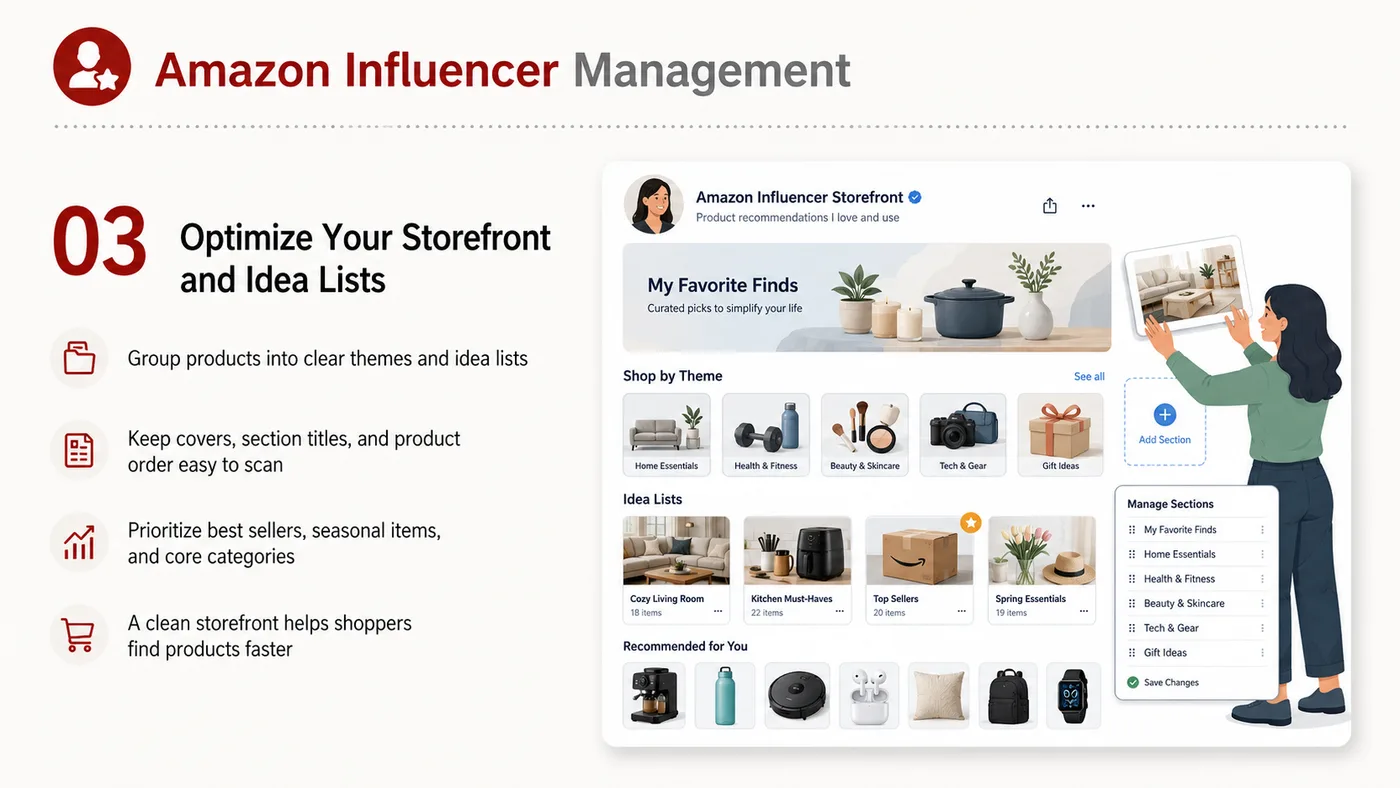 Amazon Influencer Operations service card, page 3: Amazon Influencer Operations focuses on platform setup, data preparation, listing optimization, ads, reviews and ongoin...