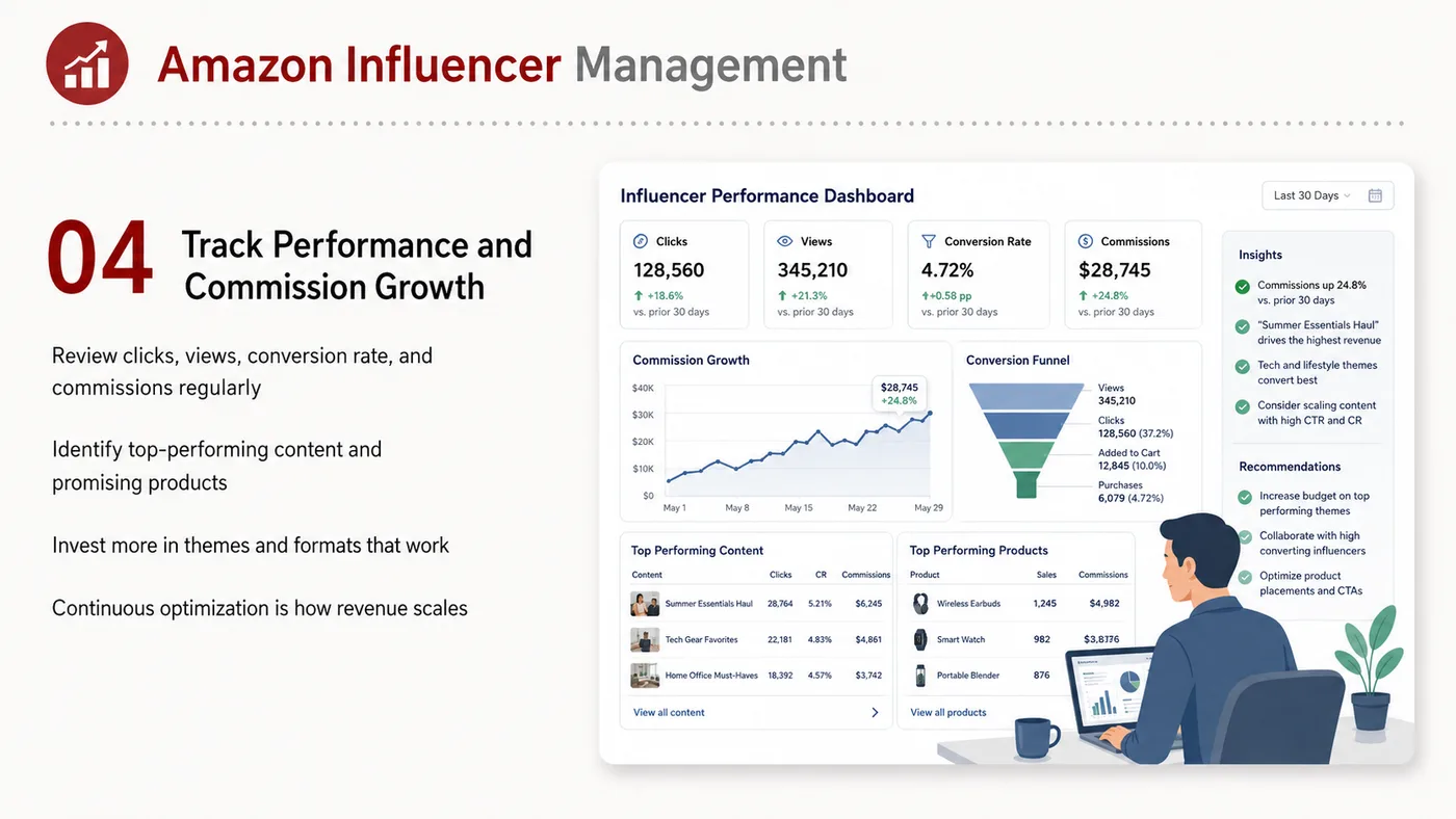 Amazon Influencer Operations service card, page 4: Amazon Influencer Operations focuses on platform setup, data preparation, listing optimization, ads, reviews and ongoin...
