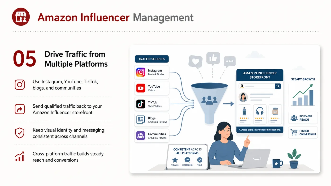Amazon Influencer Operations service card, page 5: Amazon Influencer Operations focuses on platform setup, data preparation, listing optimization, ads, reviews and ongoin...