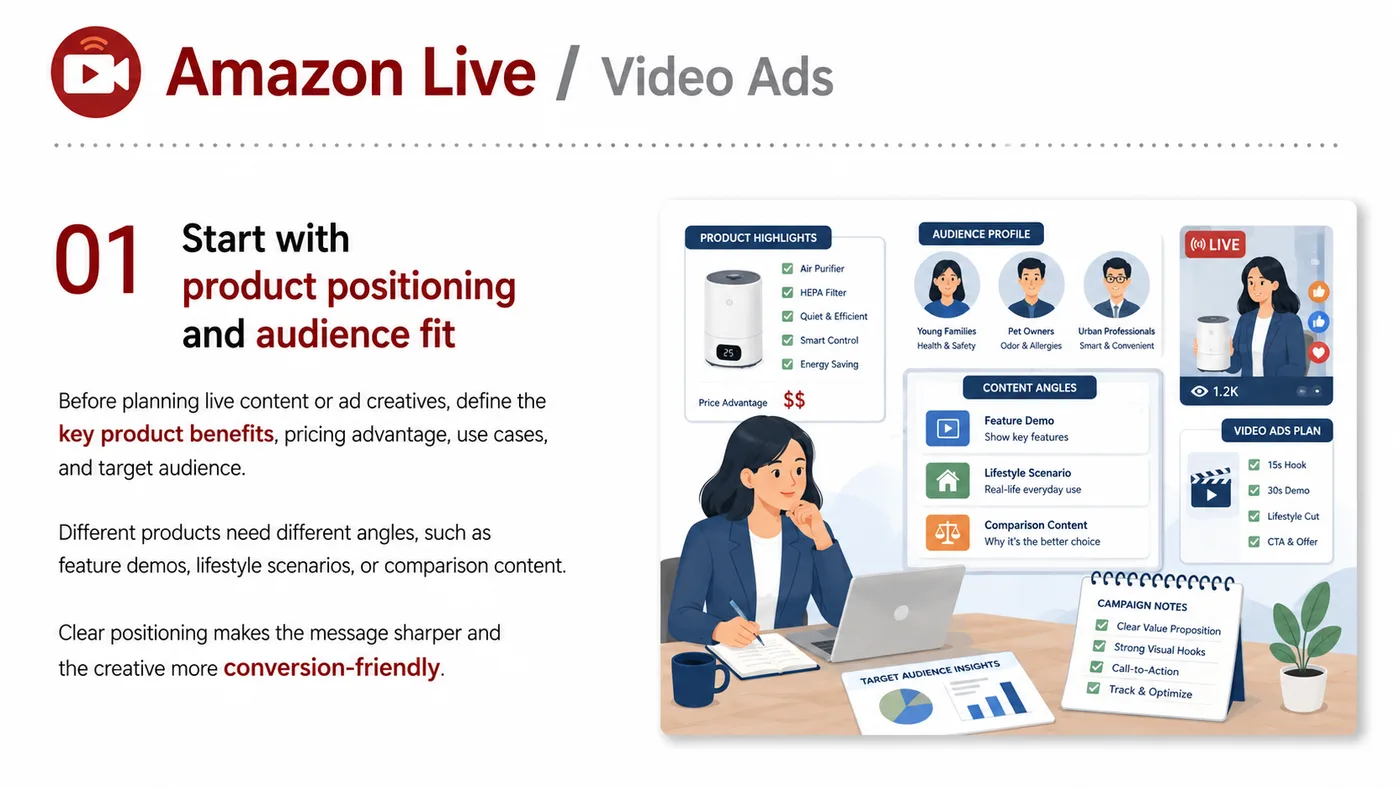 Amazon Live and Video Ads service card, page 1: Amazon Live and Video Ads focuses on platform setup, data preparation, listing optimization, ads, reviews and ongoing o...