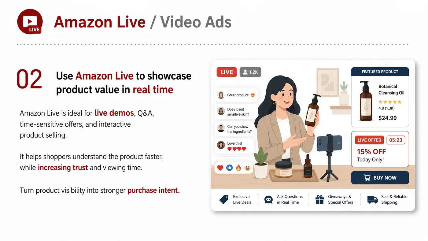 Amazon Live and Video Ads service card, page 2: Amazon Live and Video Ads focuses on platform setup, data preparation, listing optimization, ads, reviews and ongoing o...