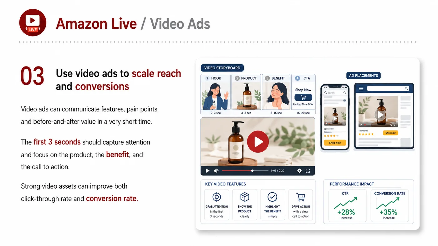 Amazon Live and Video Ads service card, page 3: Amazon Live and Video Ads focuses on platform setup, data preparation, listing optimization, ads, reviews and ongoing o...