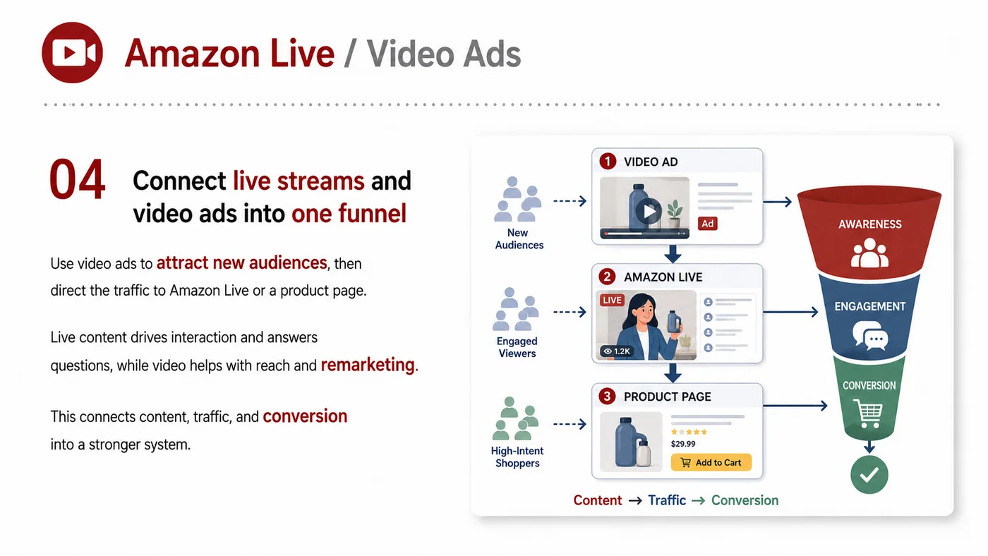 Amazon Live and Video Ads service card, page 5: Amazon Live and Video Ads focuses on platform setup, data preparation, listing optimization, ads, reviews and ongoing o...