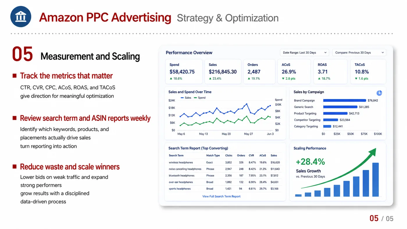 Amazon PPC Advertising service card, page 1: Amazon PPC Advertising focuses on platform setup, data preparation, listing optimization, ads, reviews and ongoing oper...