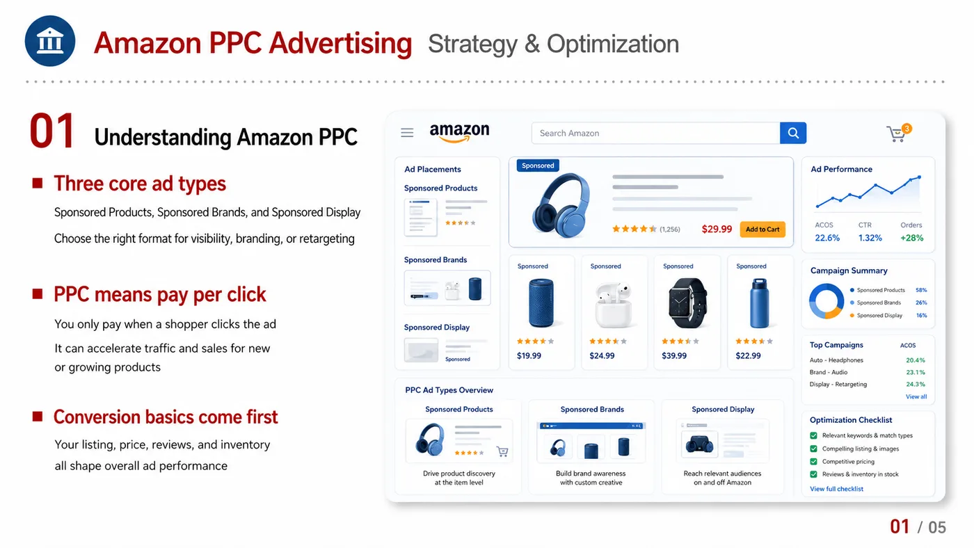 Amazon PPC Advertising service card, page 2: Amazon PPC Advertising focuses on platform setup, data preparation, listing optimization, ads, reviews and ongoing oper...