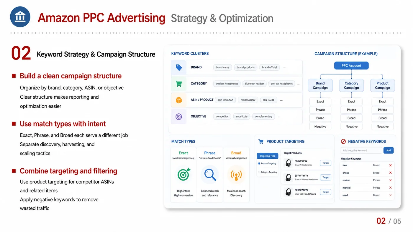 Amazon PPC Advertising service card, page 3: Amazon PPC Advertising focuses on platform setup, data preparation, listing optimization, ads, reviews and ongoing oper...