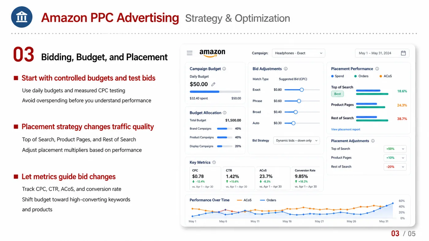 Amazon PPC Advertising service card, page 4: Amazon PPC Advertising focuses on platform setup, data preparation, listing optimization, ads, reviews and ongoing oper...
