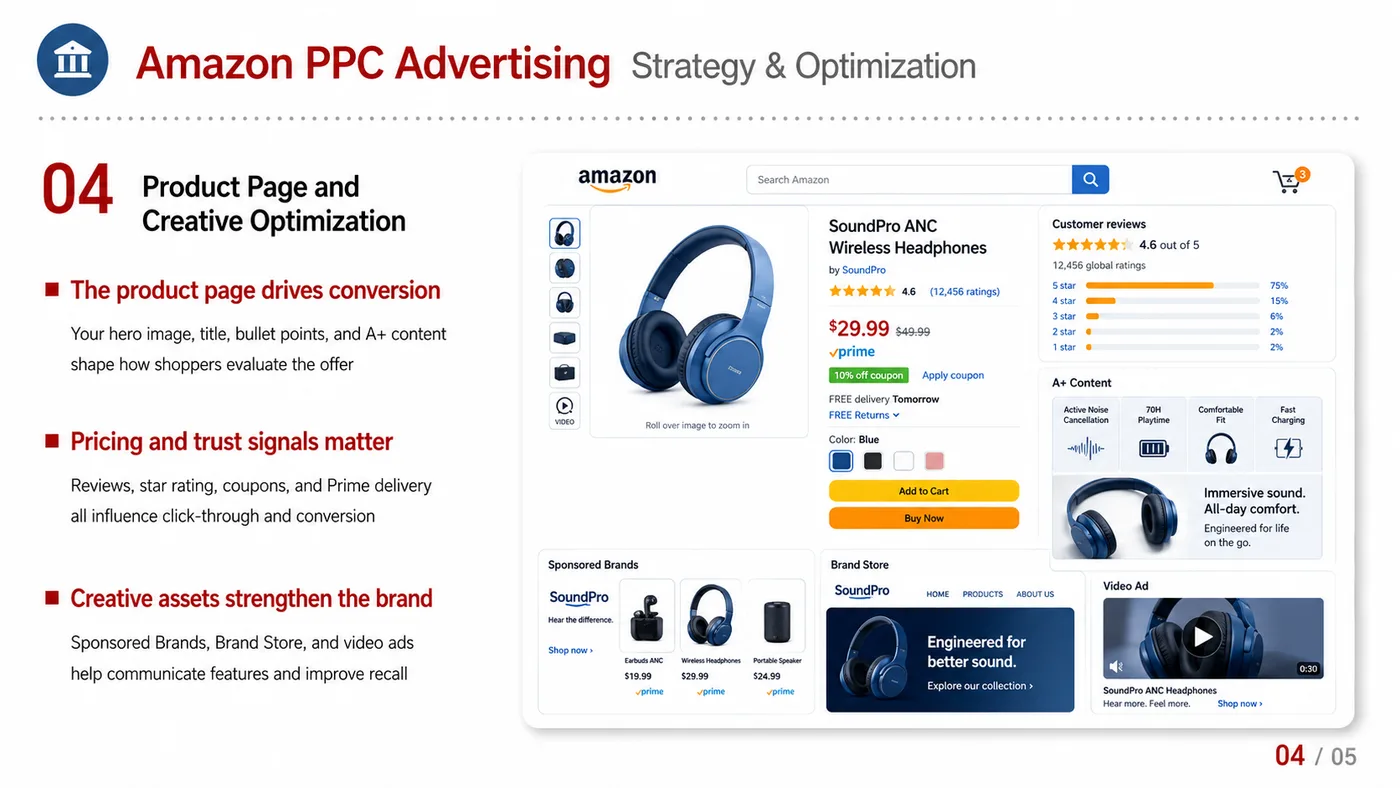 Amazon PPC Advertising service card, page 5: Amazon PPC Advertising focuses on platform setup, data preparation, listing optimization, ads, reviews and ongoing oper...