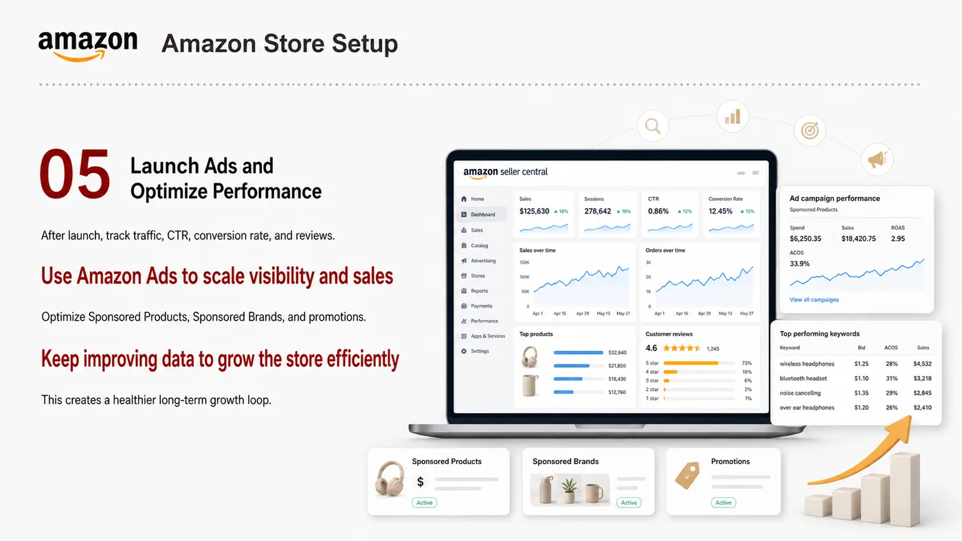 Amazon Store Setup service card, page 1: Amazon Store Setup focuses on platform setup, data preparation, listing optimization, ads, reviews and ongoing operatio...