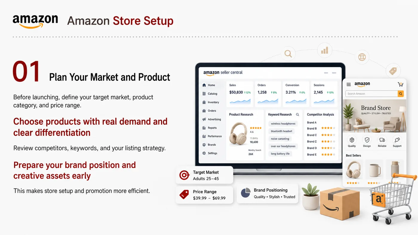 Amazon Store Setup service card, page 2: Amazon Store Setup focuses on platform setup, data preparation, listing optimization, ads, reviews and ongoing operatio...