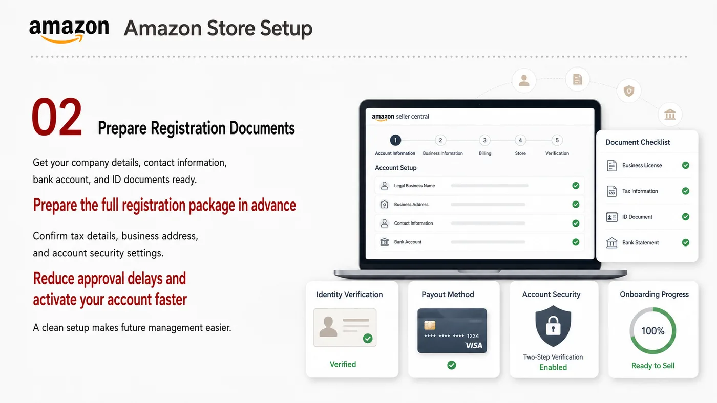 Amazon Store Setup service card, page 3: Amazon Store Setup focuses on platform setup, data preparation, listing optimization, ads, reviews and ongoing operatio...