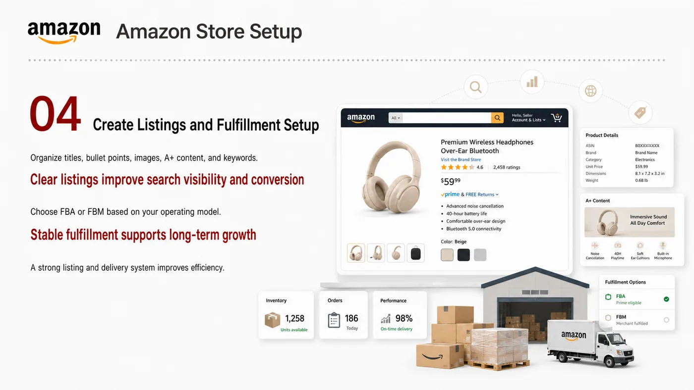 Amazon Store Setup service card, page 5: Amazon Store Setup focuses on platform setup, data preparation, listing optimization, ads, reviews and ongoing operatio...