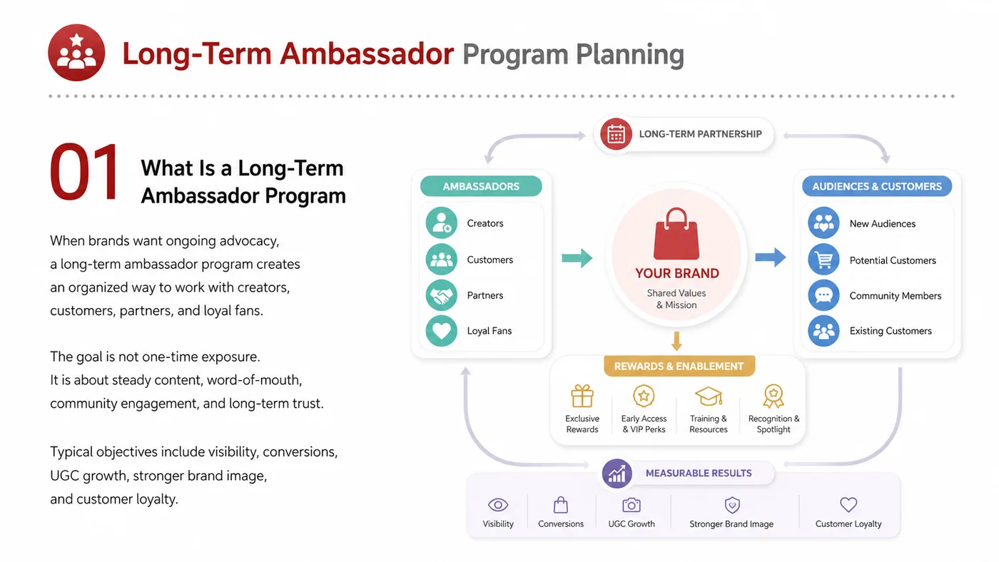 Ambassador Program service card, page 1: Ambassador Program focuses on North America creator and community collaboration through screening, briefs, contracts, r...