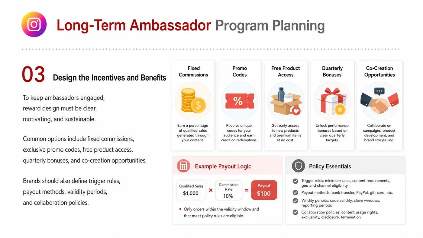 Ambassador Program service card, page 3: Ambassador Program focuses on North America creator and community collaboration through screening, briefs, contracts, r...
