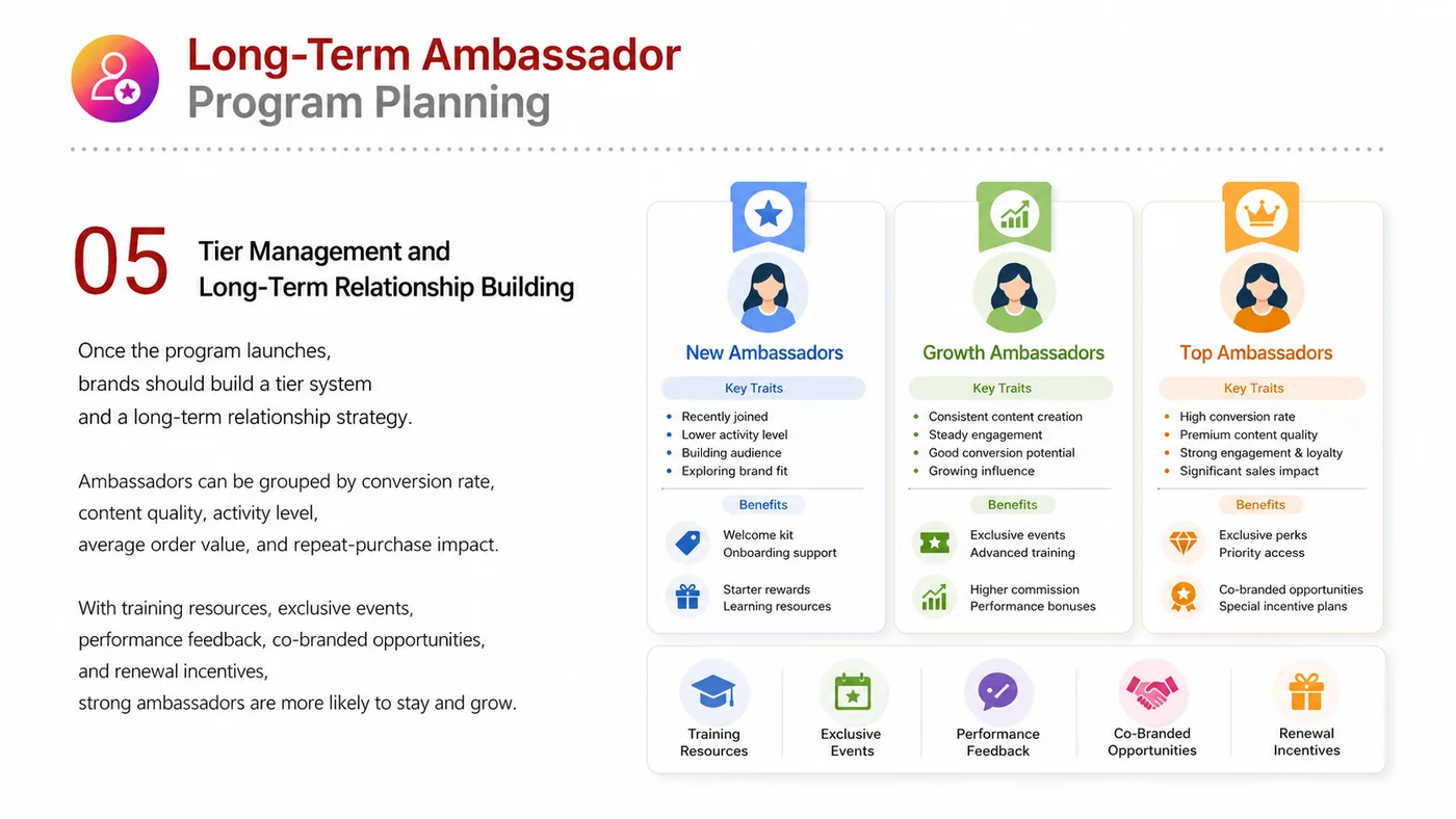 Ambassador Program service card, page 5: Ambassador Program focuses on North America creator and community collaboration through screening, briefs, contracts, r...