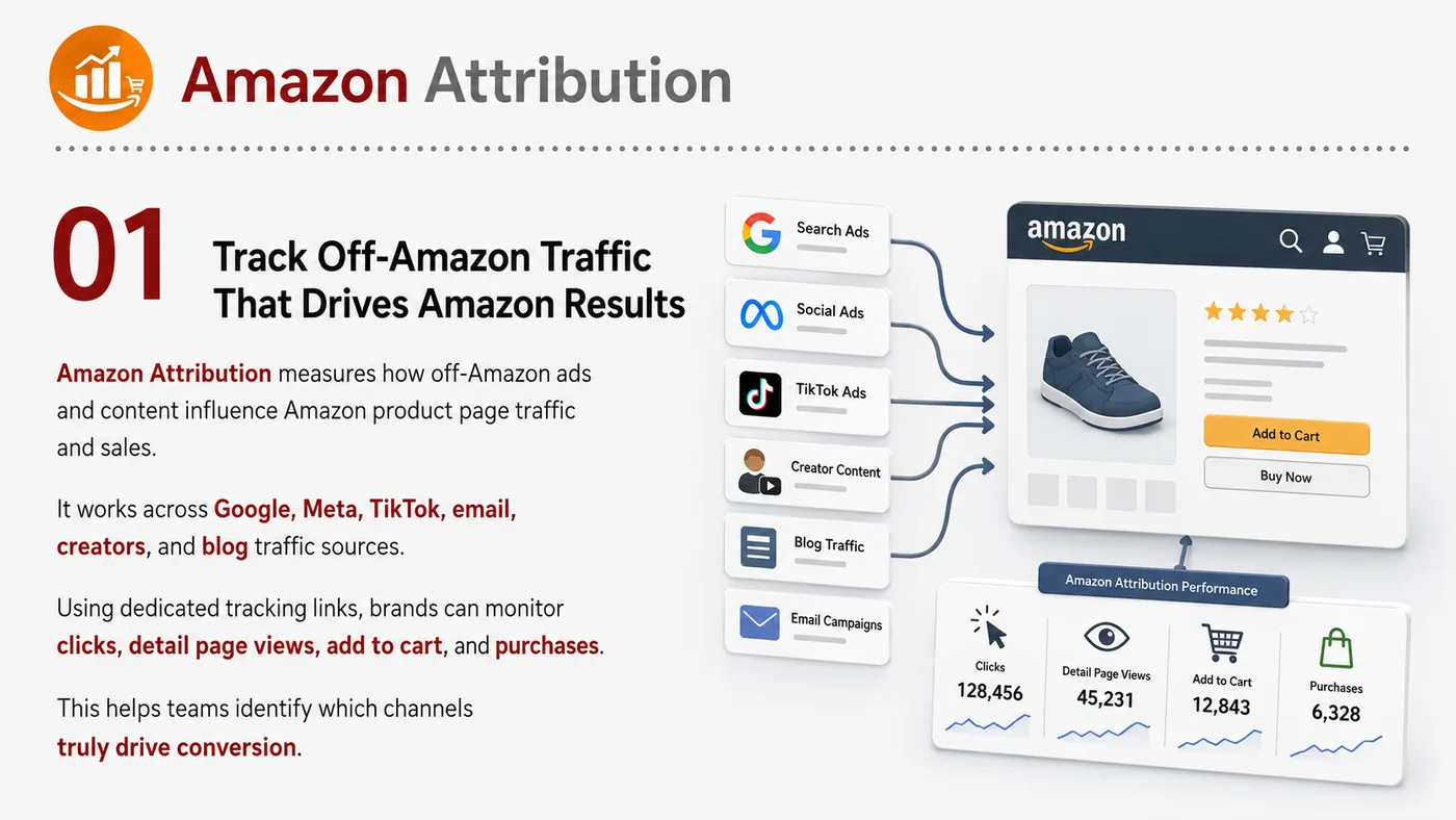 Amazon Attribution service card, page 1: Amazon Attribution focuses on platform setup, data preparation, listing optimization, ads, reviews and ongoing operatio...