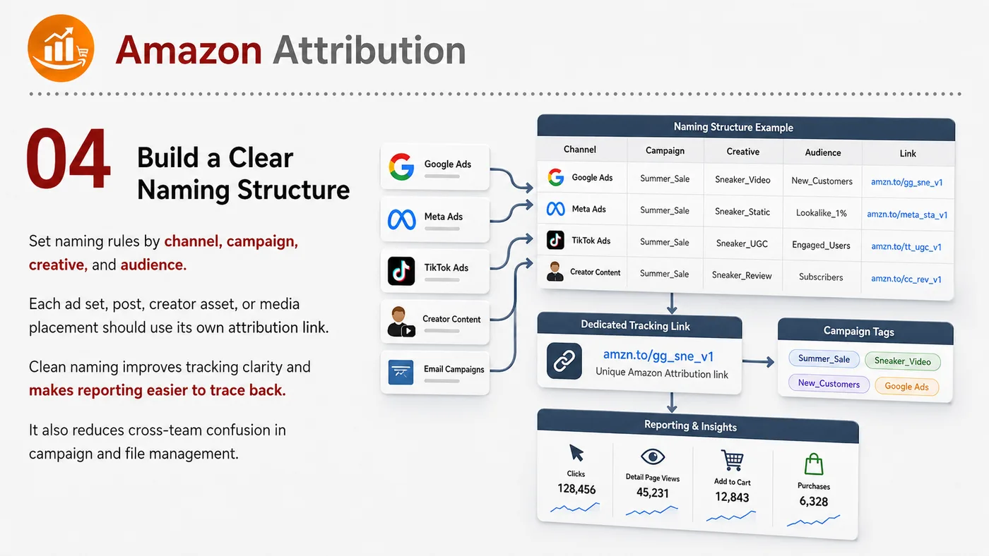 Amazon Attribution service card, page 4: Amazon Attribution focuses on platform setup, data preparation, listing optimization, ads, reviews and ongoing operatio...