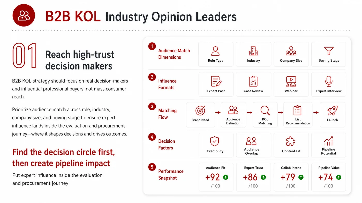 B2B KOL service card, page 1: B2B KOL focuses on North America creator and community collaboration through screening, briefs, contracts, review and t...