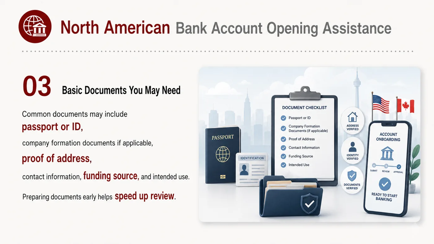 Bank Account Assistance service card, page 3: Prepare company documents, owner data, use case explanation and compliance notes before banking assistance.
