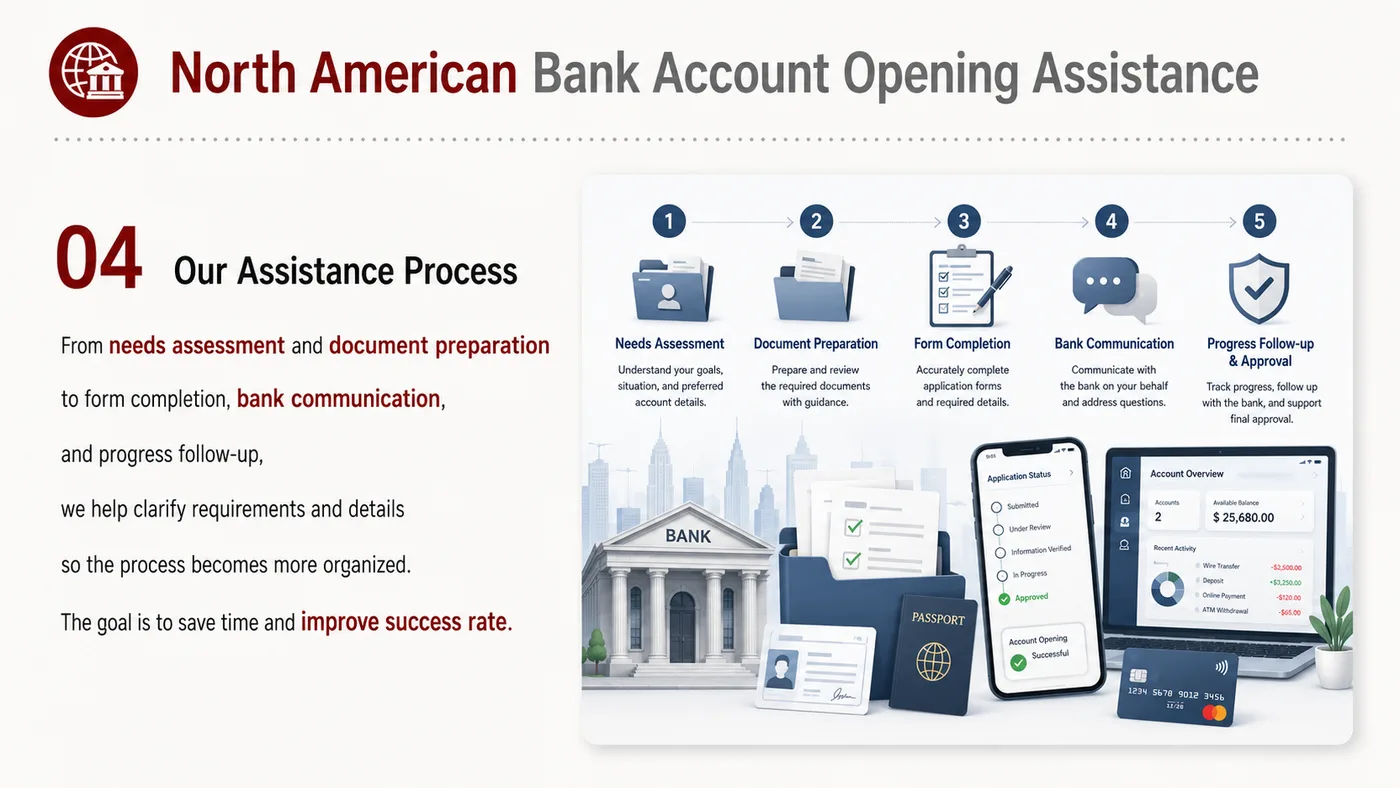 Bank Account Assistance service card, page 4: Prepare company documents, owner data, use case explanation and compliance notes before banking assistance.
