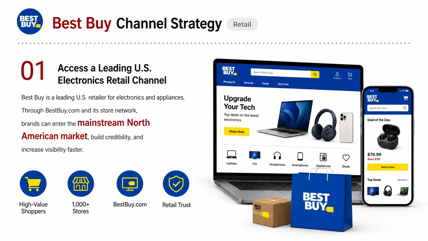 Best Buy Retail Entry service card, page 1: Best Buy Retail Entry prepares channel fit, product data, compliance, packaging, pricing, samples and follow-up needed...