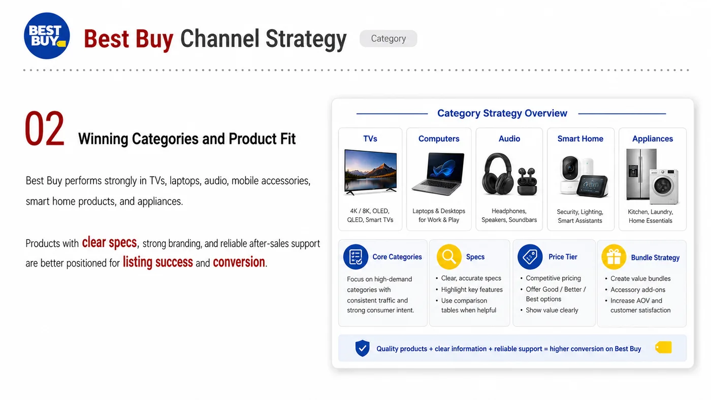 Best Buy Retail Entry service card, page 2: Best Buy Retail Entry prepares channel fit, product data, compliance, packaging, pricing, samples and follow-up needed...