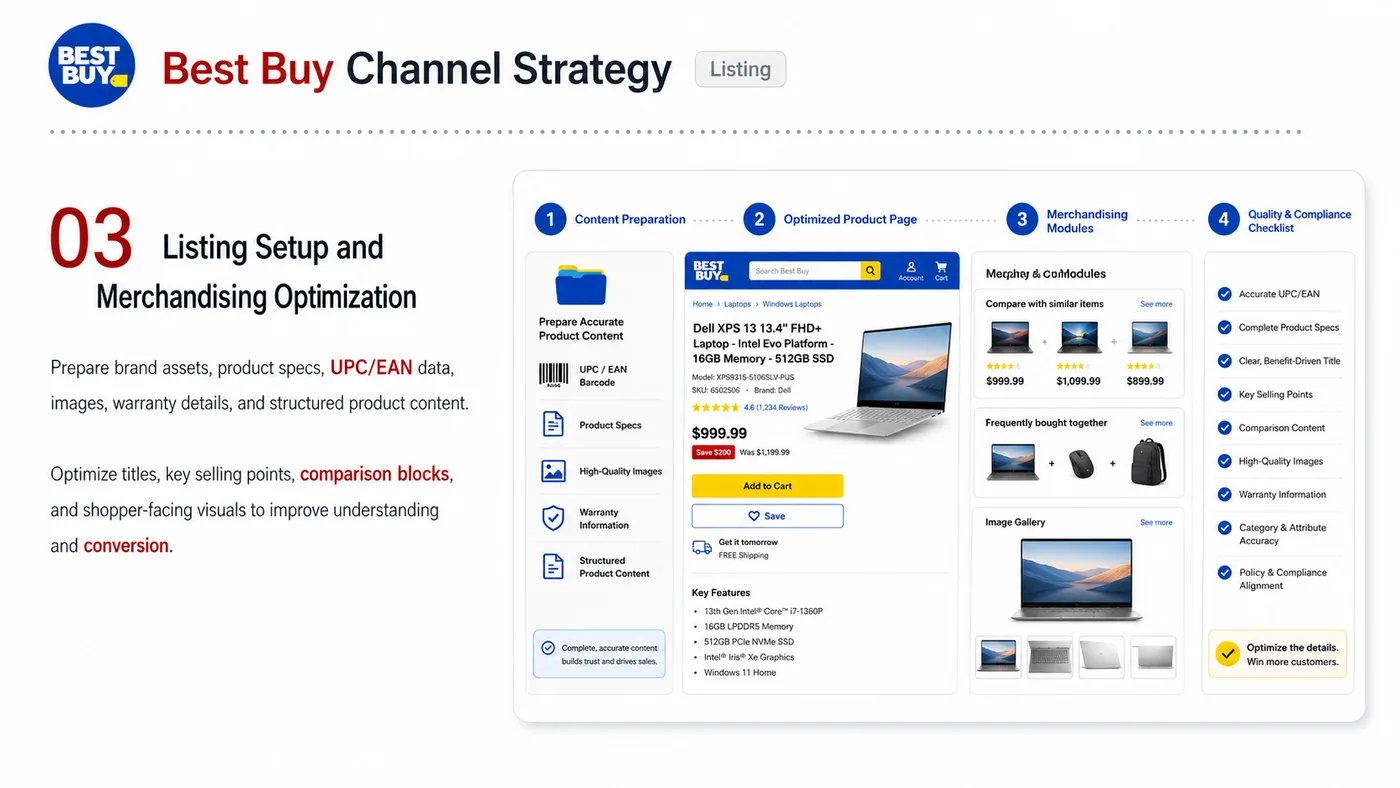 Best Buy Retail Entry service card, page 3: Best Buy Retail Entry prepares channel fit, product data, compliance, packaging, pricing, samples and follow-up needed...