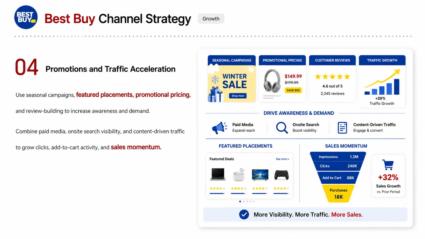 Best Buy Retail Entry service card, page 4: Best Buy Retail Entry prepares channel fit, product data, compliance, packaging, pricing, samples and follow-up needed...