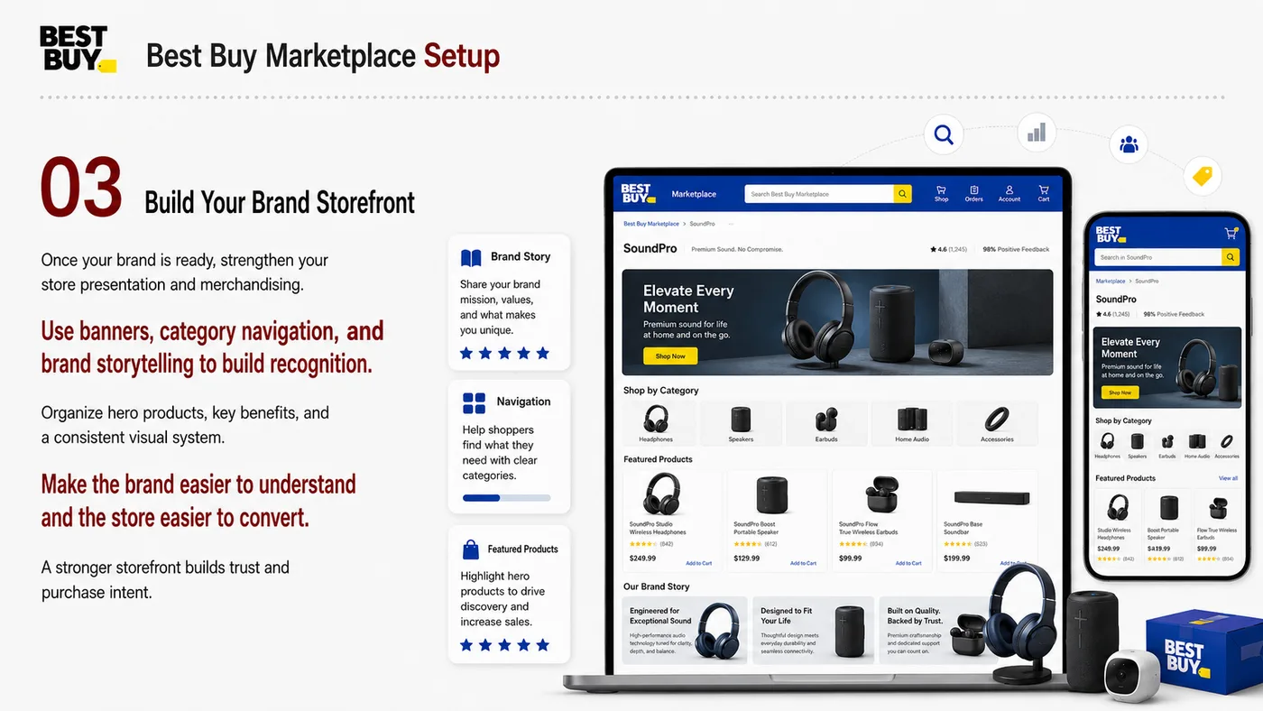 Best Buy Marketplace service card, page 4: Best Buy Marketplace focuses on platform setup, data preparation, listing optimization, ads, reviews and ongoing operat...