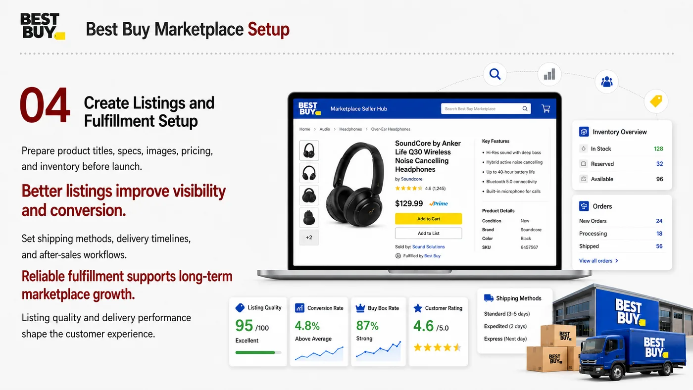 Best Buy Marketplace service card, page 5: Best Buy Marketplace focuses on platform setup, data preparation, listing optimization, ads, reviews and ongoing operat...