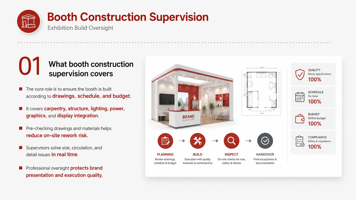 Booth Build Supervision service card, page 1: Booth Build Supervision connects pre-show outreach, on-site assets, booth messaging, buyer reception and follow-up into...