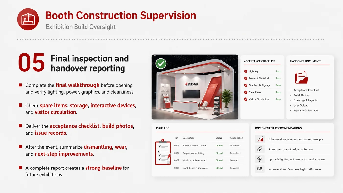 Booth Build Supervision service card, page 5: Booth Build Supervision connects pre-show outreach, on-site assets, booth messaging, buyer reception and follow-up into...