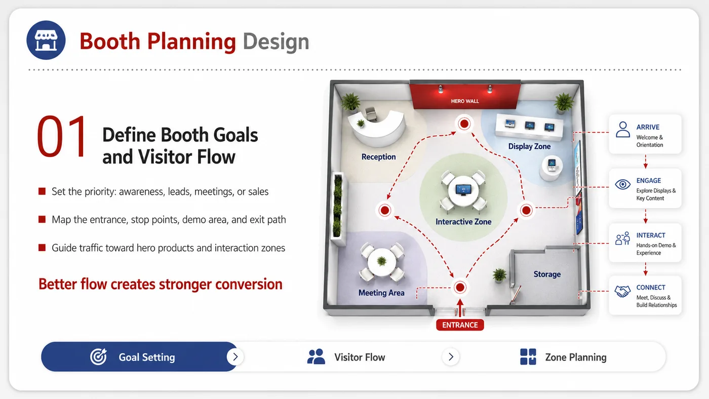 Booth Design service card, page 1: Booth Design connects pre-show outreach, on-site assets, booth messaging, buyer reception and follow-up into a continui...