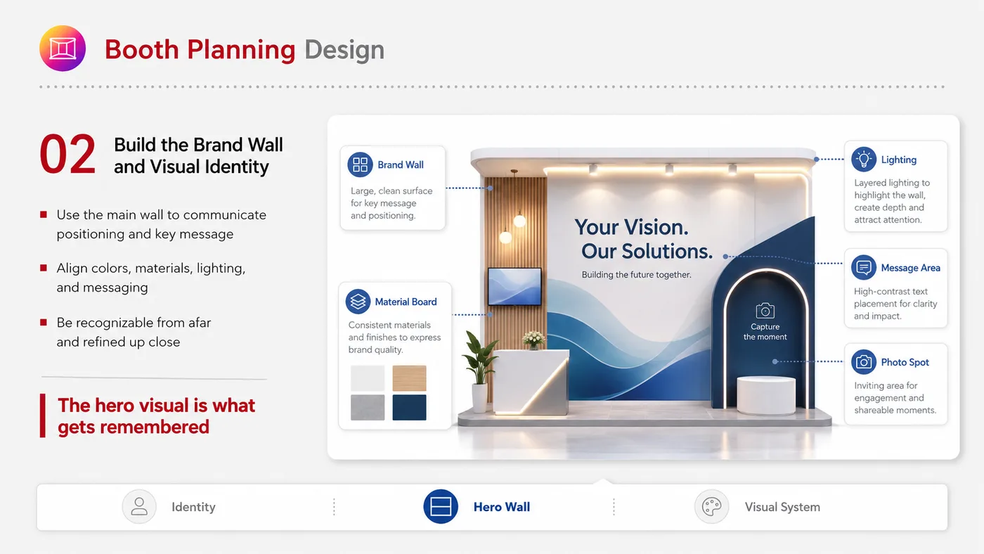Booth Design service card, page 2: Booth Design connects pre-show outreach, on-site assets, booth messaging, buyer reception and follow-up into a continui...