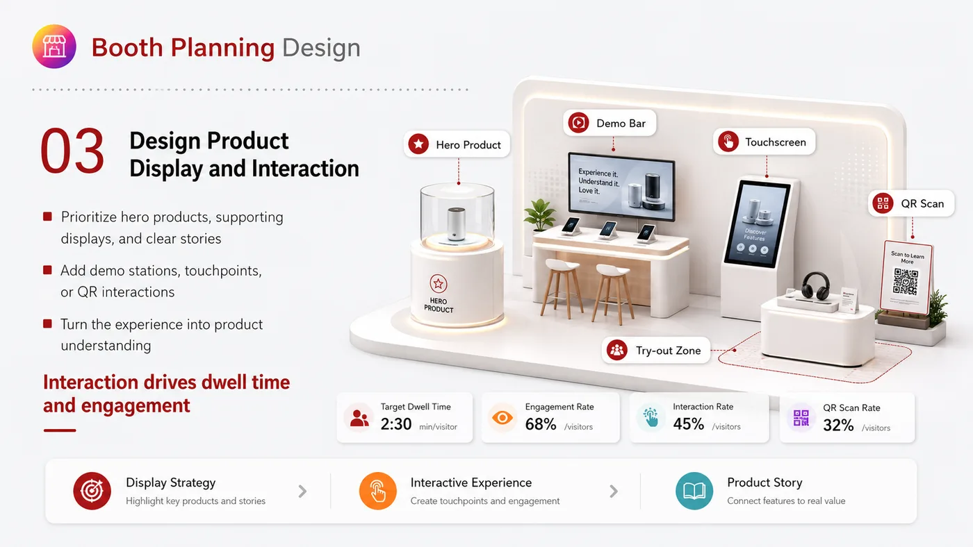 Booth Design service card, page 3: Booth Design connects pre-show outreach, on-site assets, booth messaging, buyer reception and follow-up into a continui...