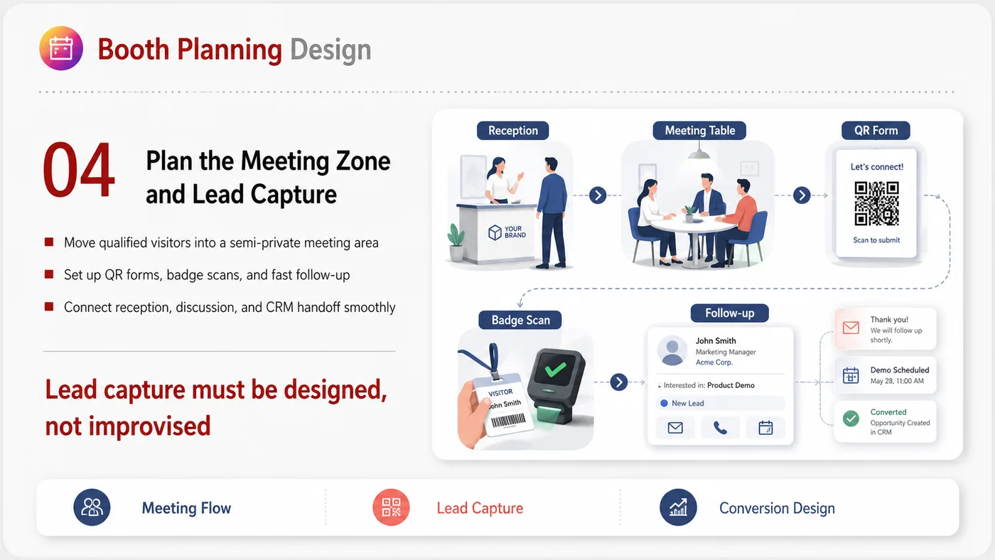 Booth Design service card, page 4: Booth Design connects pre-show outreach, on-site assets, booth messaging, buyer reception and follow-up into a continui...