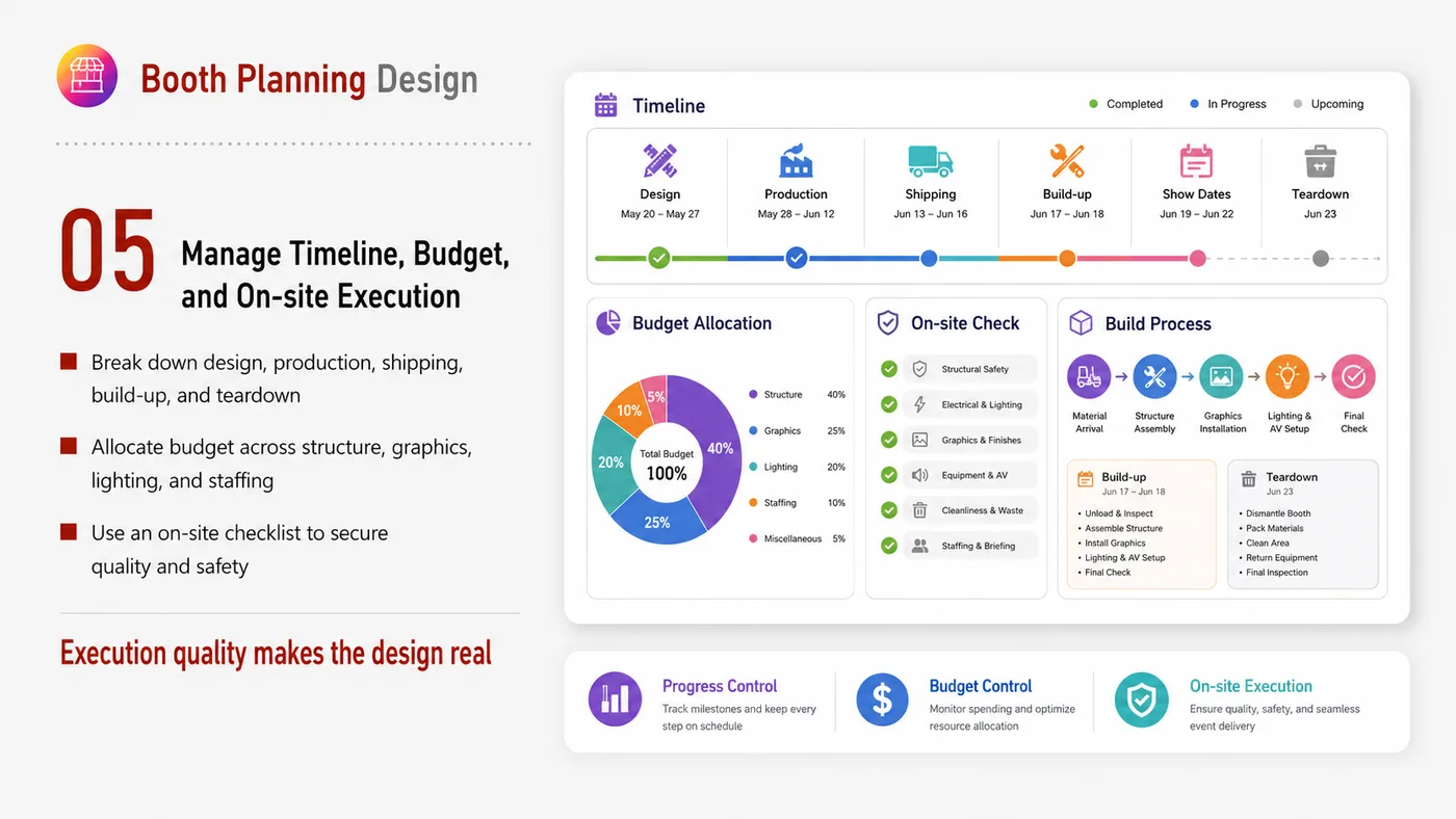 Booth Design service card, page 5: Booth Design connects pre-show outreach, on-site assets, booth messaging, buyer reception and follow-up into a continui...