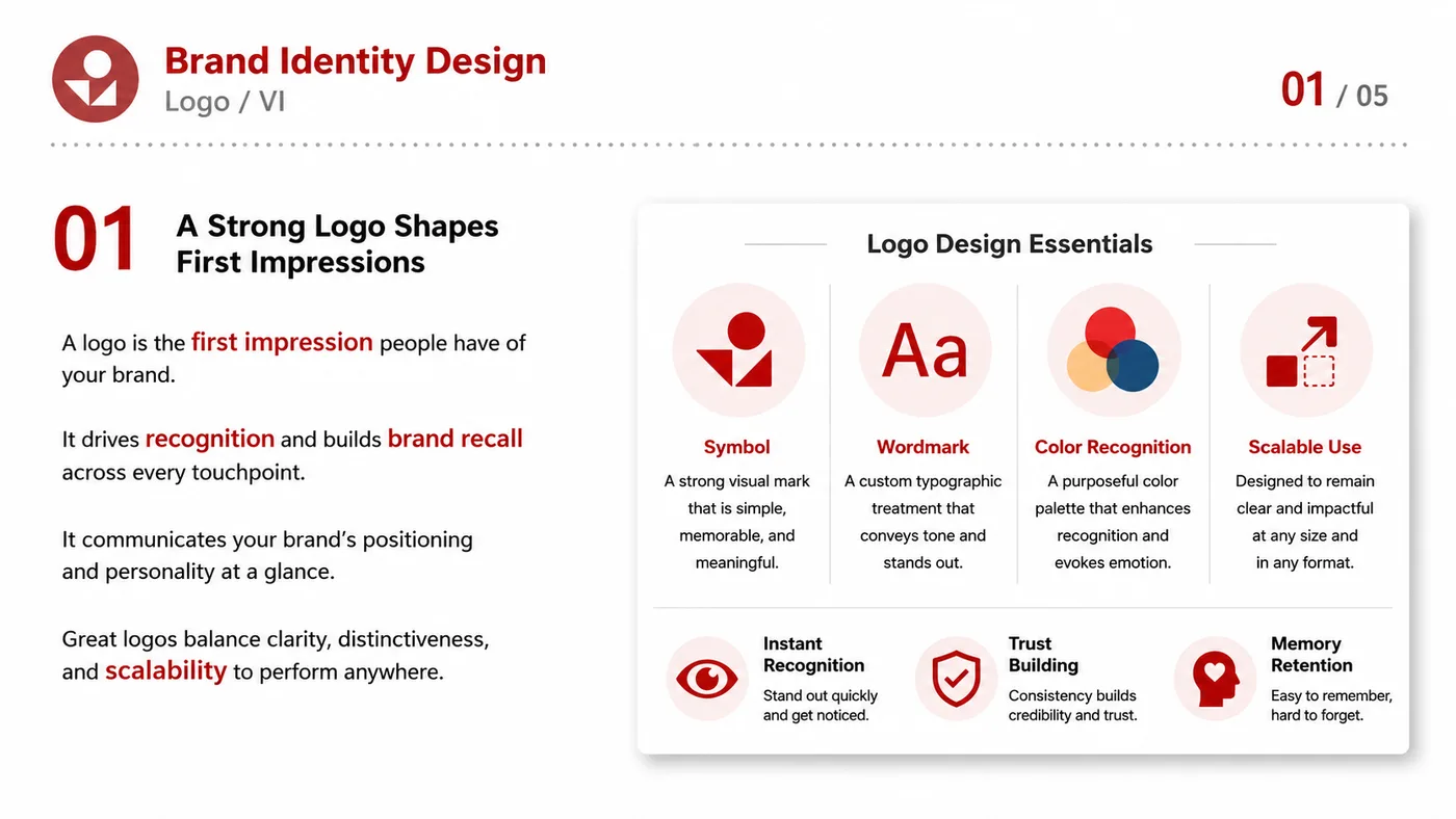 Brand Identity Design service card, page 1: Brand Identity Design turns English narrative, sales assets, trust content and lead tracking into business-development...